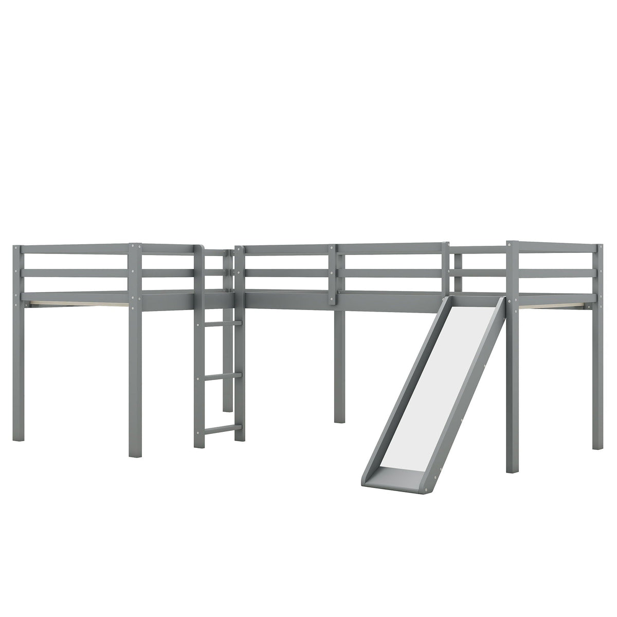 L Shaped Loft Bed with Slide and Ladder - Twin Size, Solid Wood - White or Dark Gray