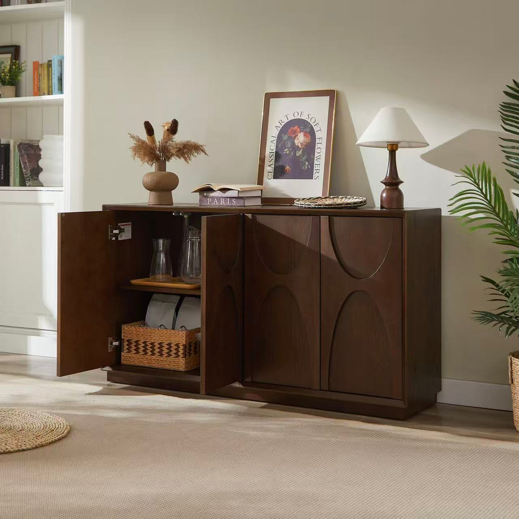 4 Door Accent Cabinet with Solid Wood Carved Doors - Natural Walnut