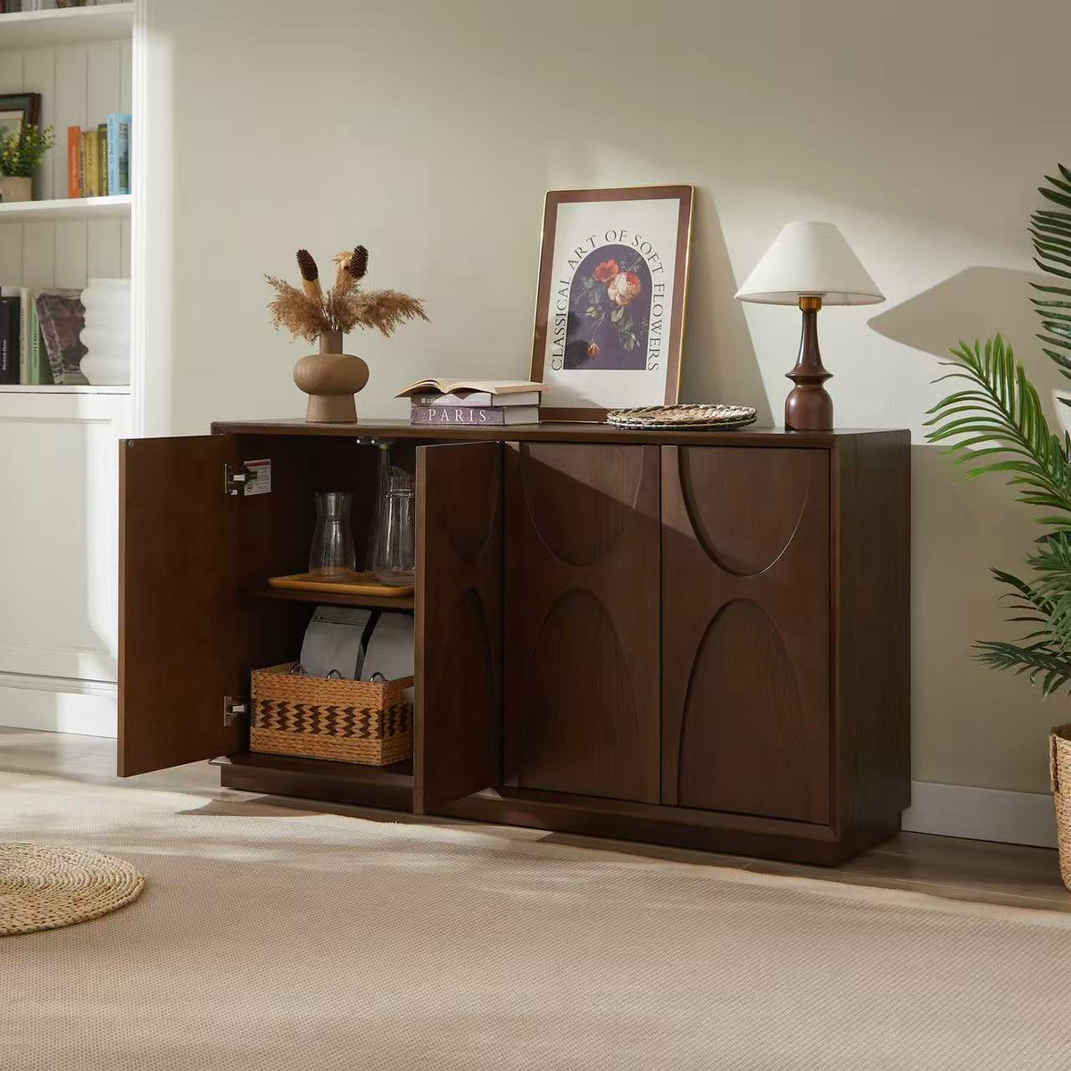 4 Door Accent Cabinet with Solid Wood Carved Doors - Natural Walnut