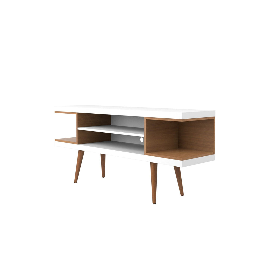 Mid-Century Modern TV Stand with Adjustable Storage - White
