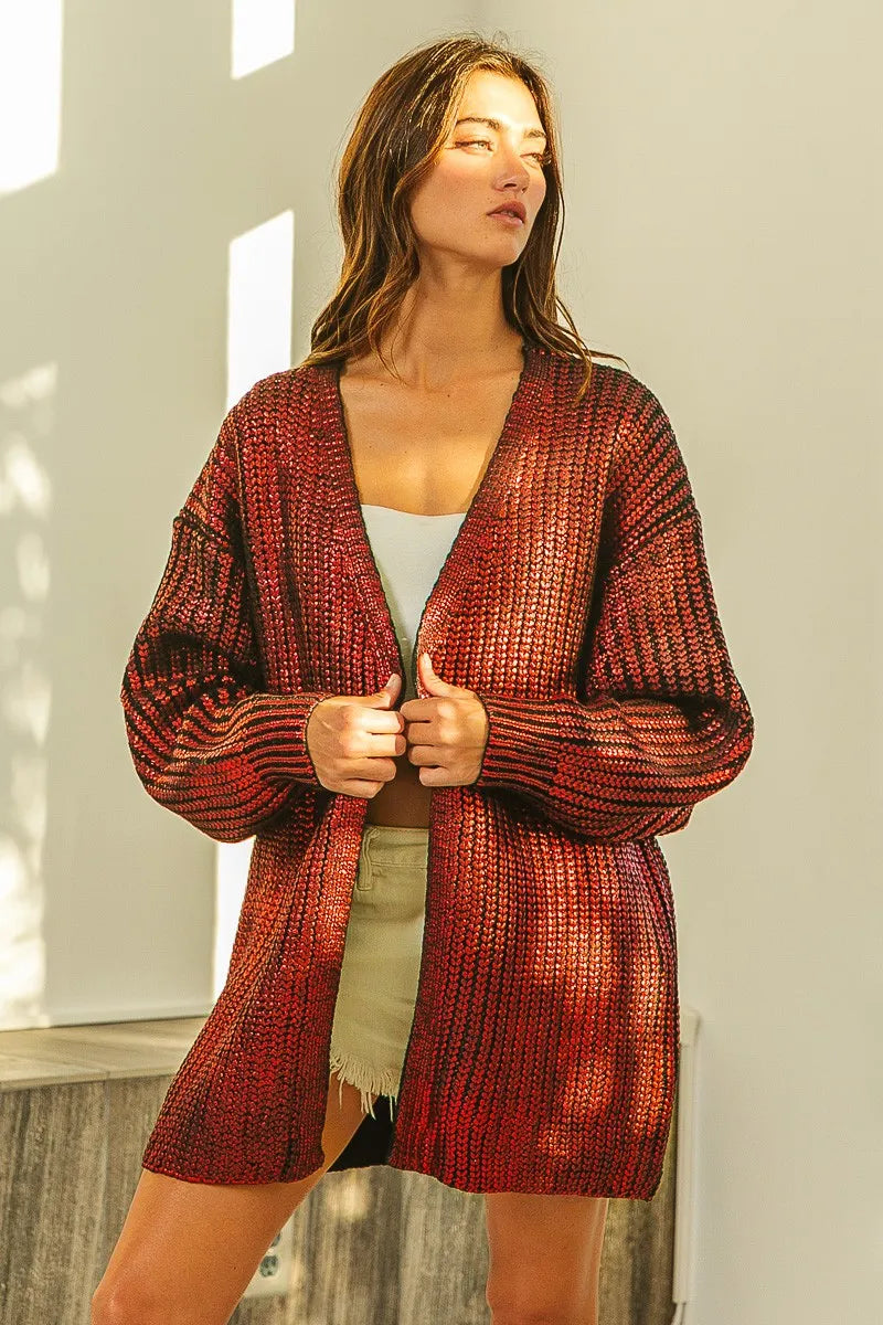 BiBi Metallic Knit V-neck Open Sweater Cardigan