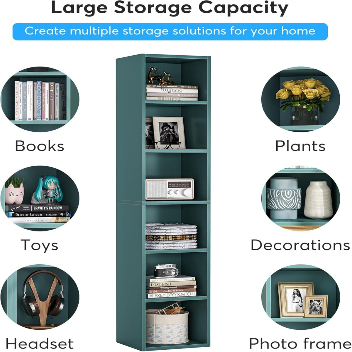 6 Tier Narrow Corner Cube Bookcase with Open Cubes - Light Blue or Dark Brown