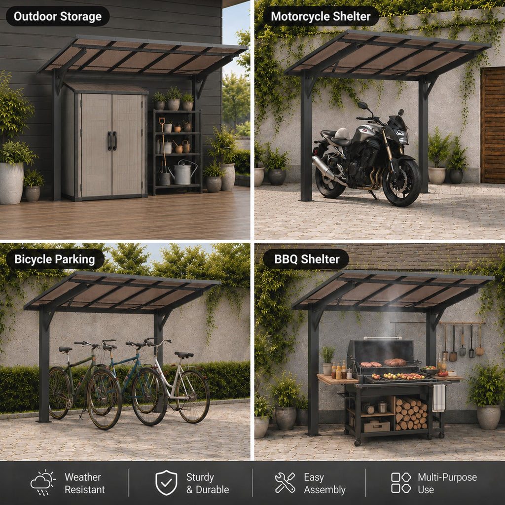 Galvanized Steel Carport with Sloped PC Roof - 8x5ft, Black