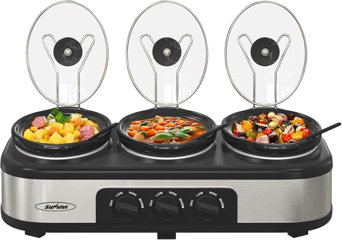 Triple Slow Cooker & Food Warmer with Removable Ceramic Pots - Stainless Steel