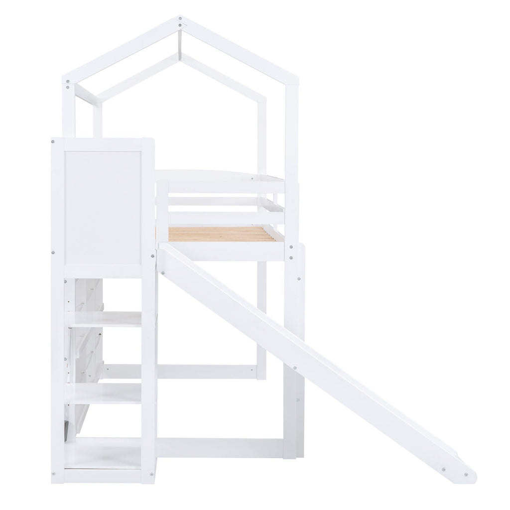 House Loft Bed with Slide and Storage Shelves - Twin with Light
