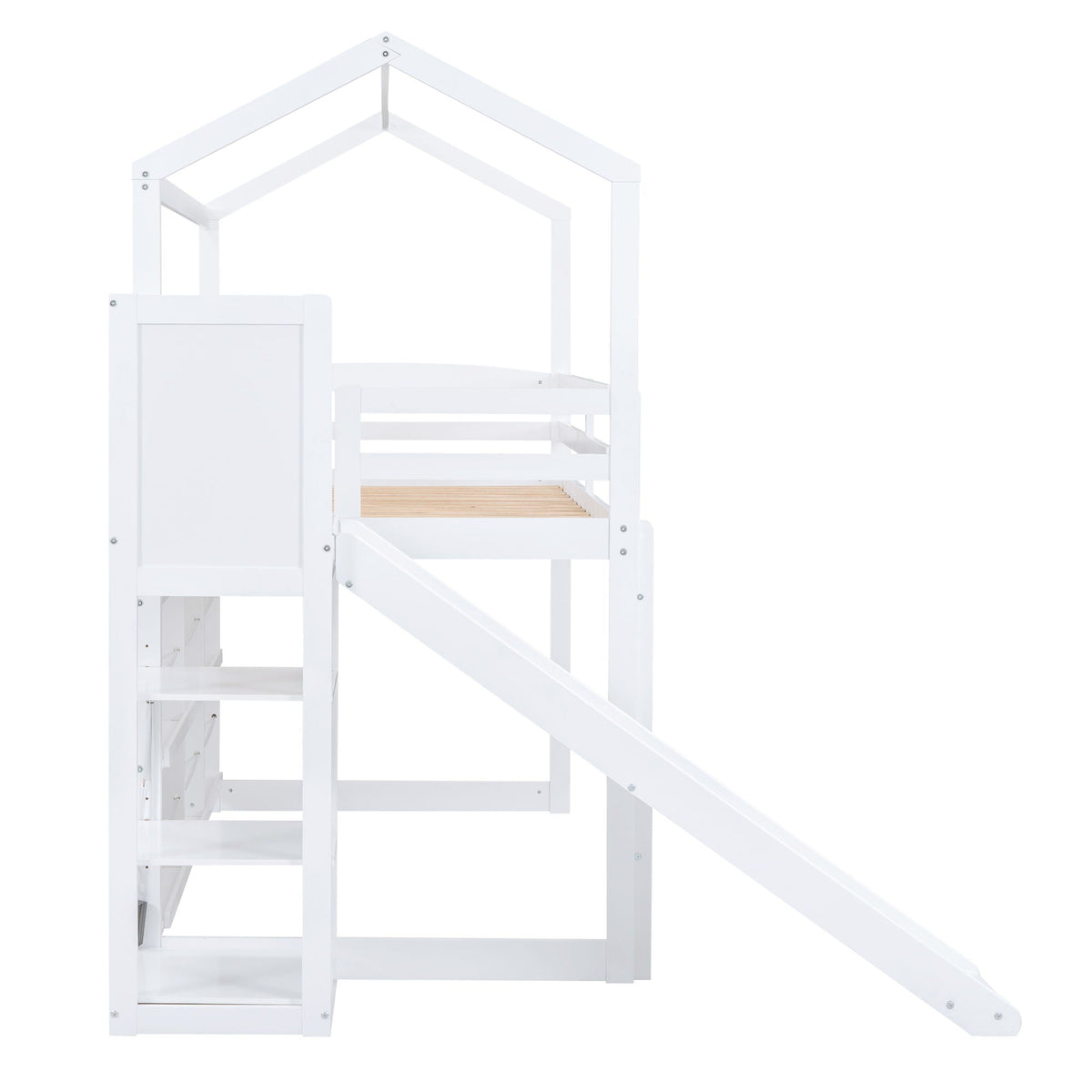 House Loft Bed with Slide and Storage Shelves - Twin with Light