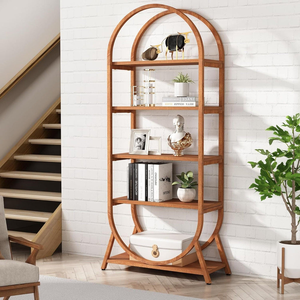 Arched 5 Tier Open Bookshelf with Modern Arch - Brown