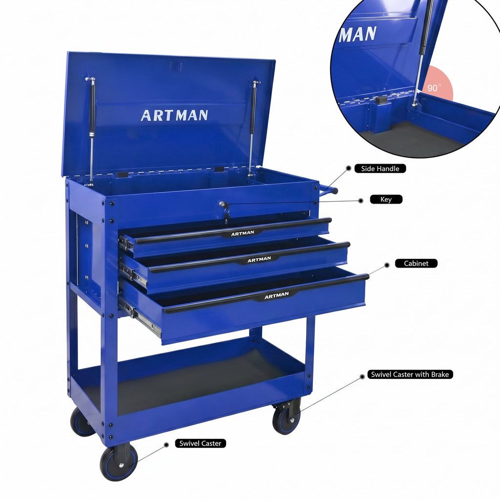 3 Drawers Multifunctional Tool Cart With Wheels - Blue & Black