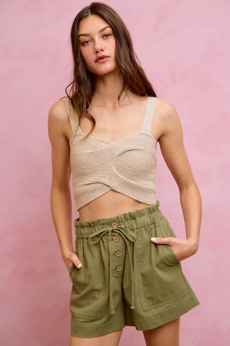SO ME Paper Bag Patch Pocket Drawstring Twill Shorts