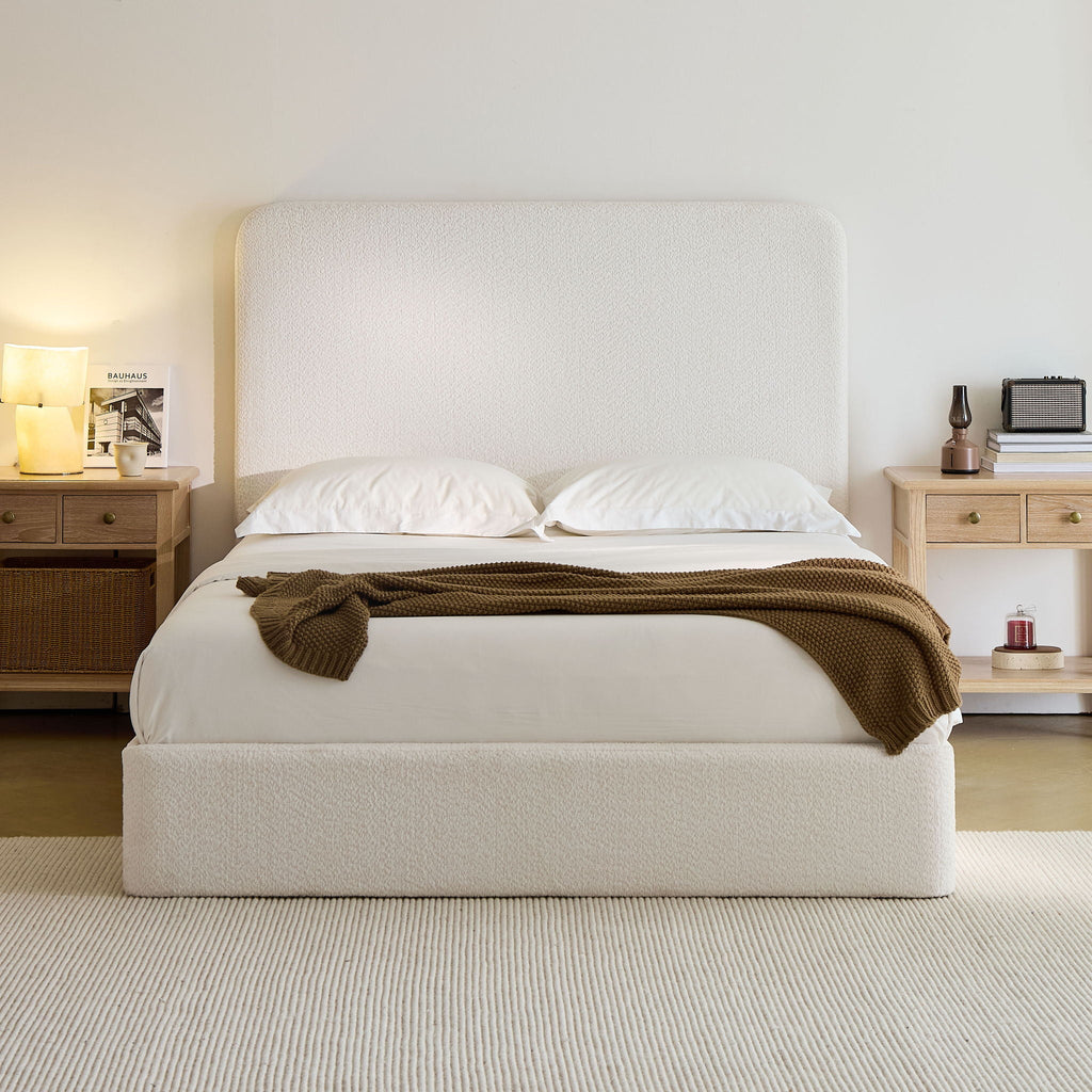Tall Headboard Upholstered Bed with Metal Frame - King, White