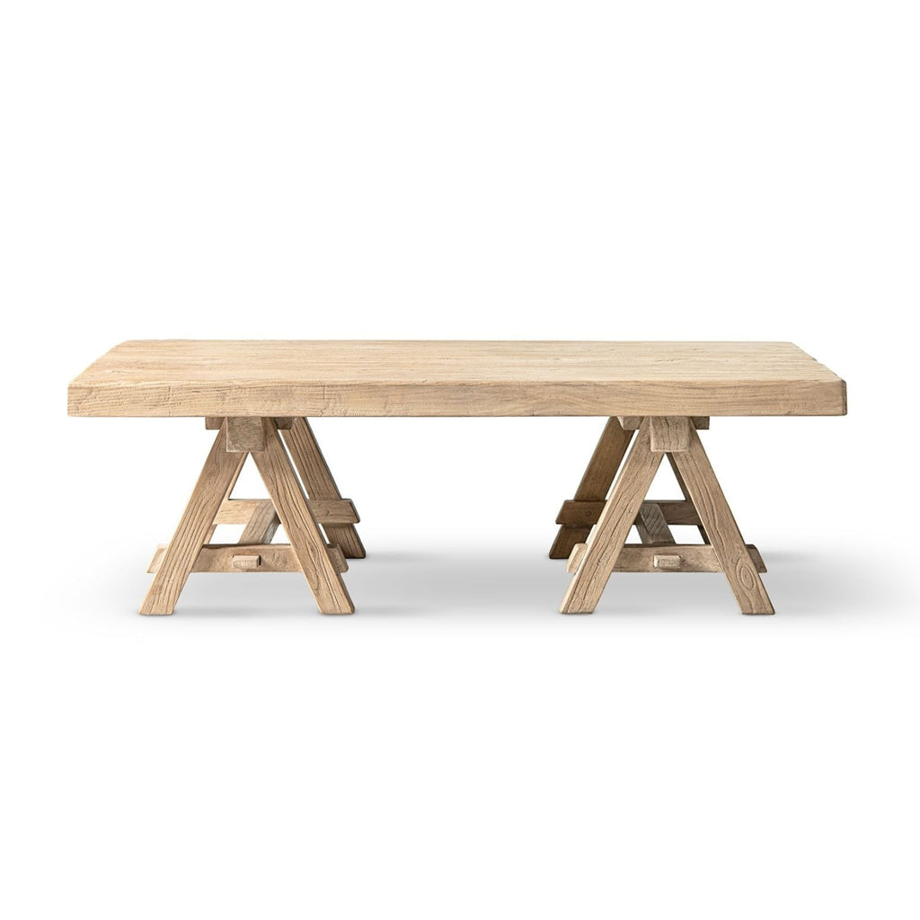 Trestle Coffee Table with Solid Reclaimed Elm Construction - Dark or Light Brown