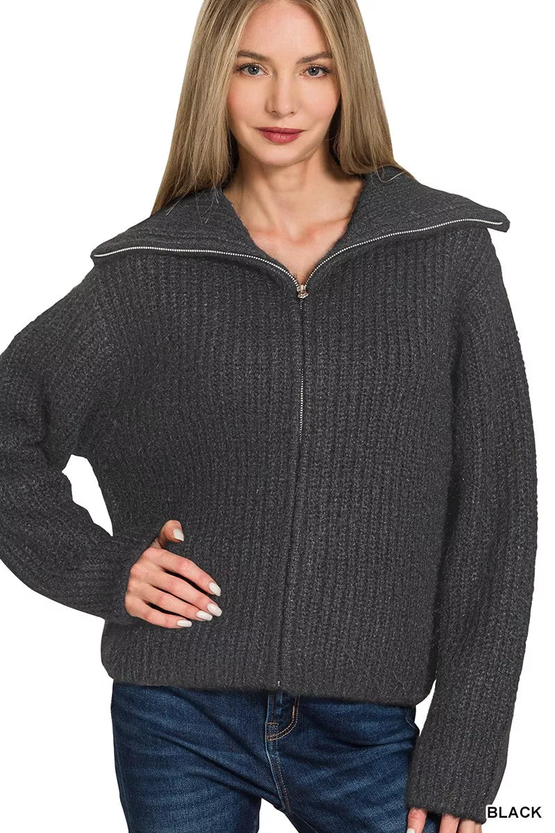 Zenana High Neck Full Zip Sweater Cardigan