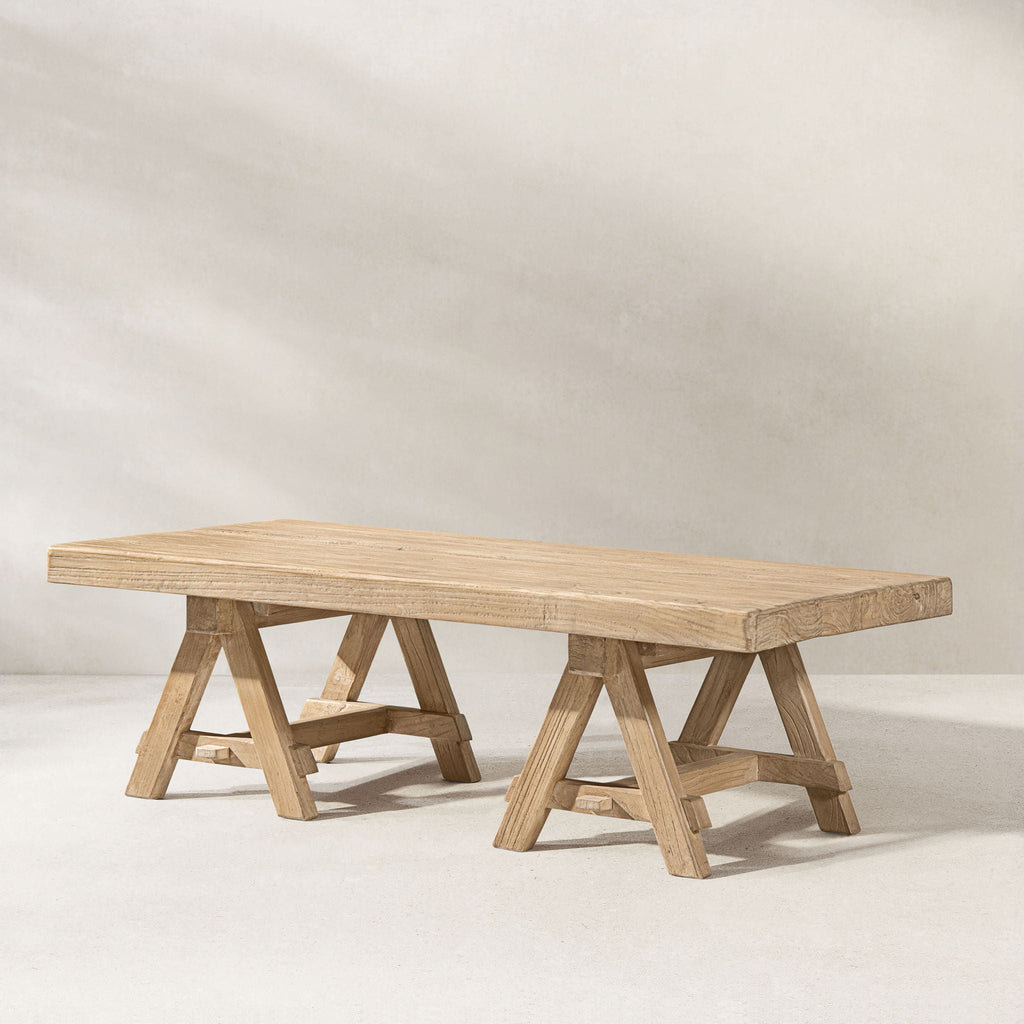 Trestle Coffee Table with Solid Reclaimed Elm Construction - Dark or Light Brown