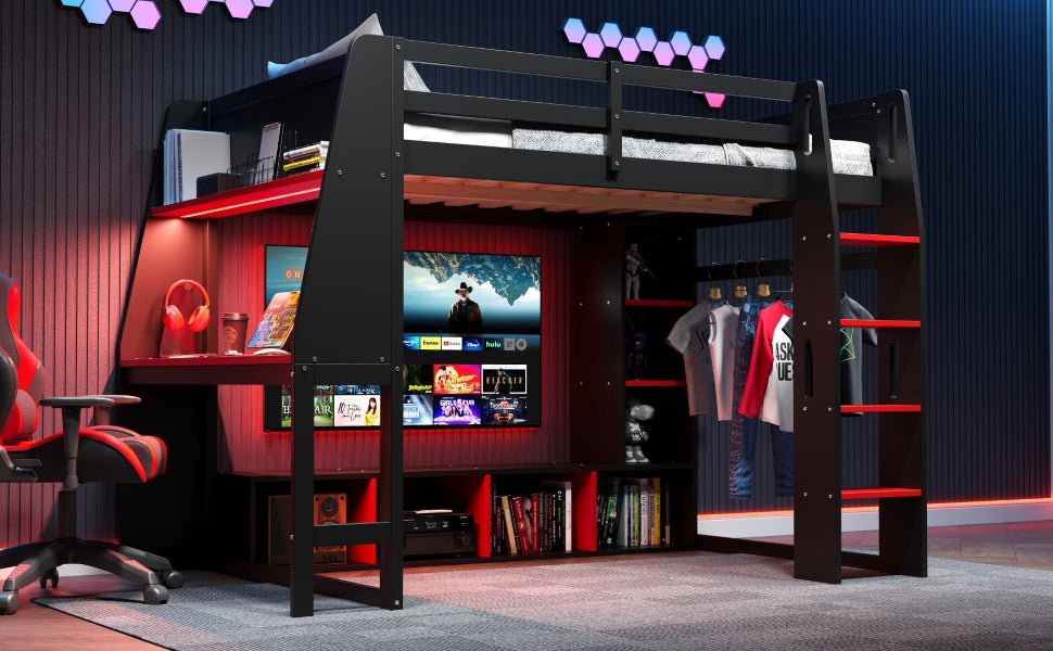 Wood Twin Size Gaming Loft Bed with Desk, Multi-storage Shelves, LED and a Hanging Clothes Rack