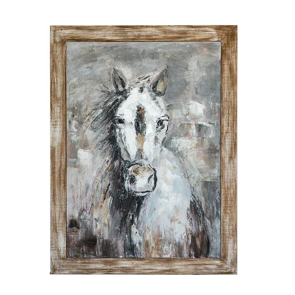 Hand-Painted White Horse Wall Art with Rustic Fir Frame - Multicolor