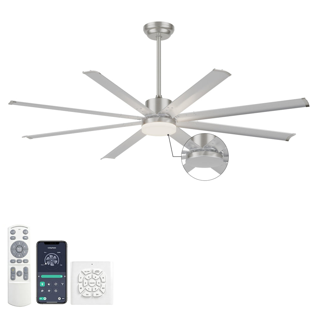 72 Inch Industrial Ceiling Fan with Light and Remote Control - Aluminum