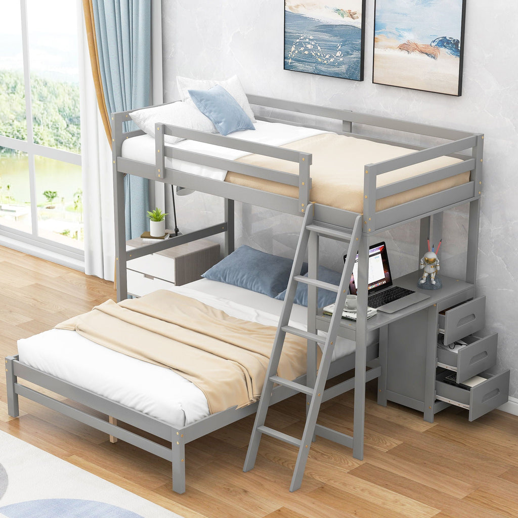 Bunk Bed with Built-In Desk and 3 Drawers - Twin over Full