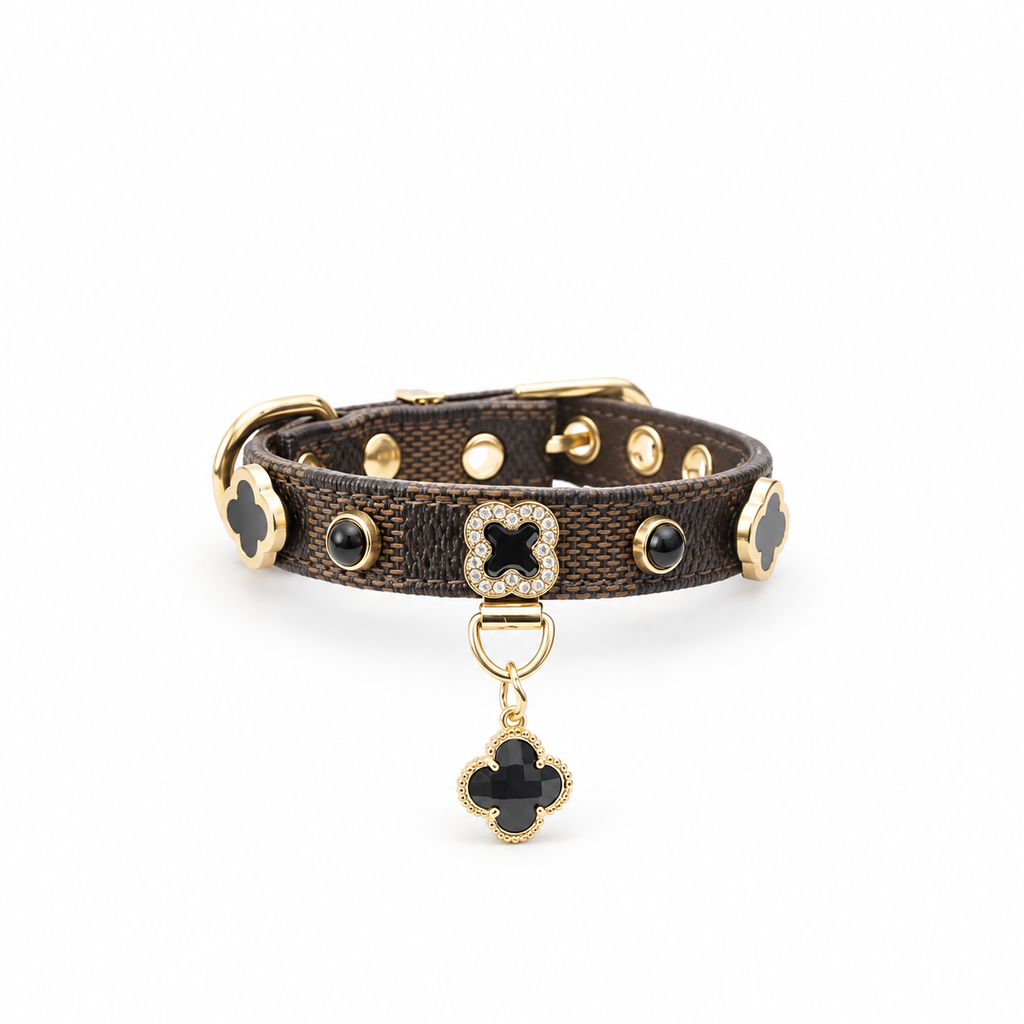 Clover Rhinestone Leather Pet Collar
