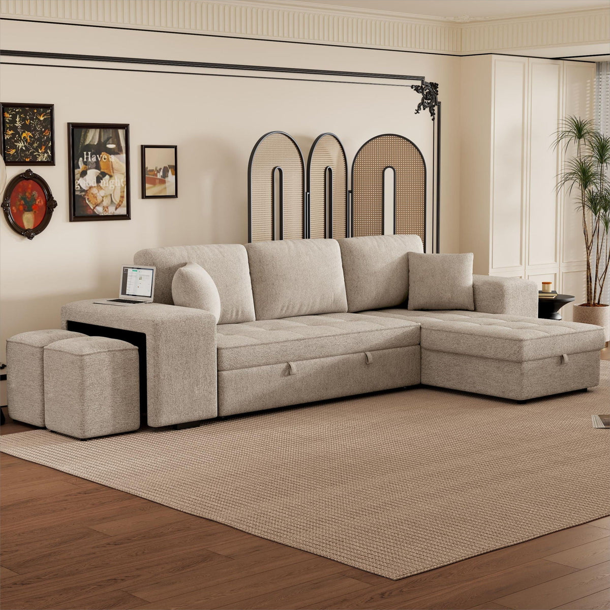 Reversible L-Shape Sleeper Sectional Sofa with Storage Chaise and 2 Stools - Multiple Colors