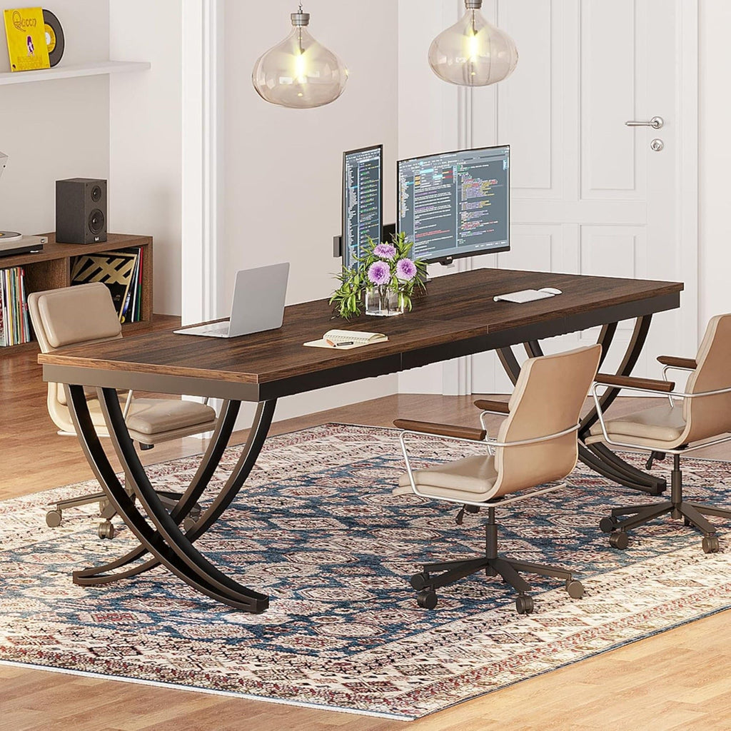 Extra Long 2 Person Desk With X Legs - Brown / Black