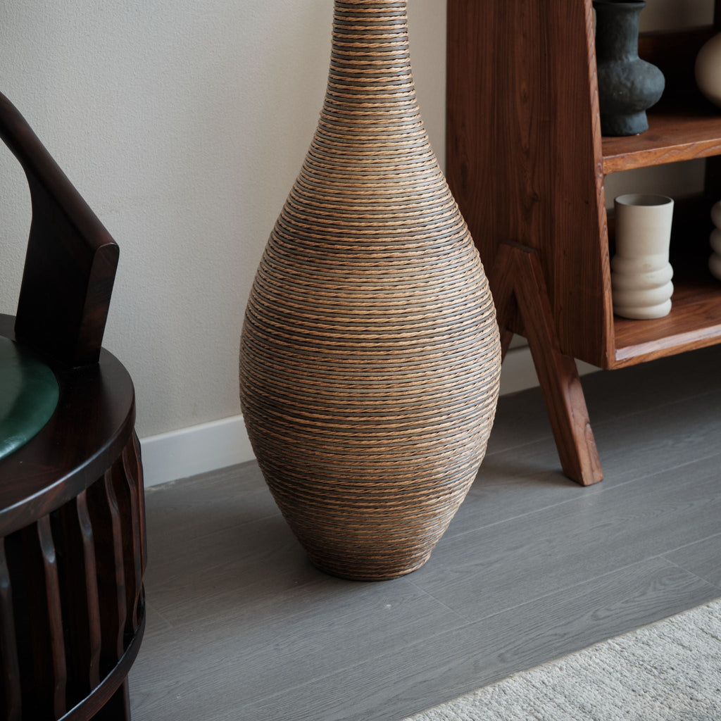 Tall Artificial Rattan Floor Vase with Artistic Design - Beige / Gray