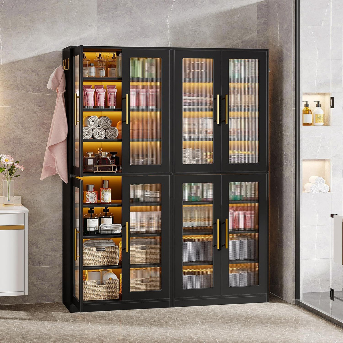 Bookcase With Doors and LED Lighting with Adjustable Shelves - Black, Gray, White