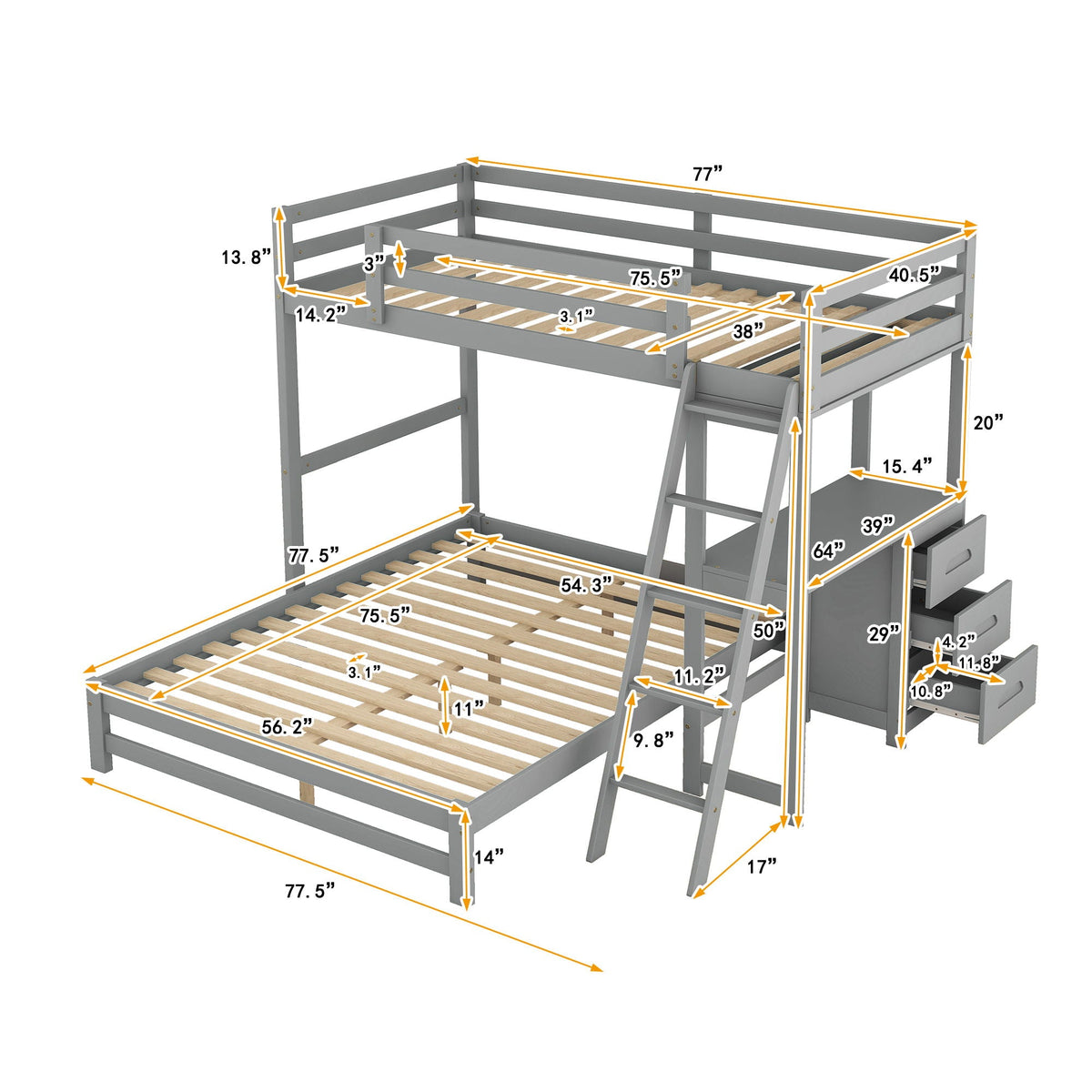 Bunk Bed with Built-In Desk and 3 Drawers - Twin over Full