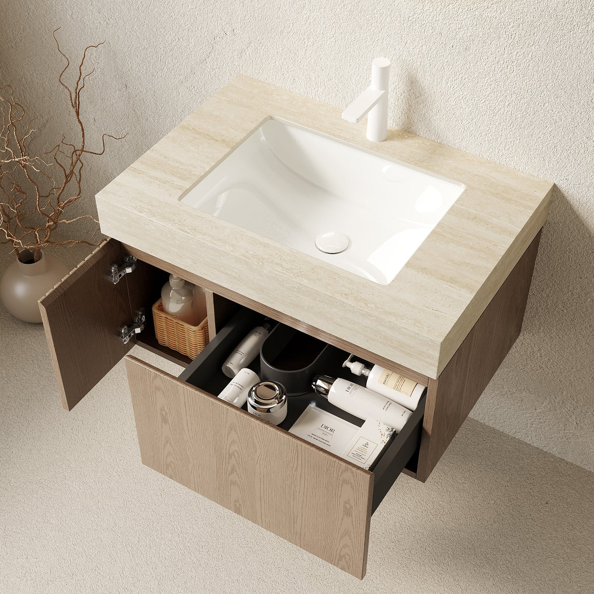 30" Floating Bathroom Vanity with Travertine Stone Top and Soft-Close Drawer - Roma Travertine