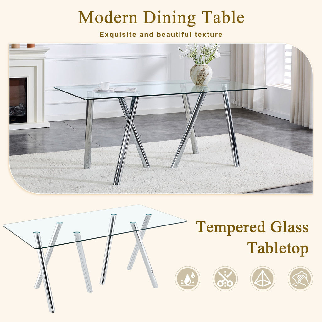 Dining Table with Transparent Tempered Glass Surface – Pearl Silver or Gold