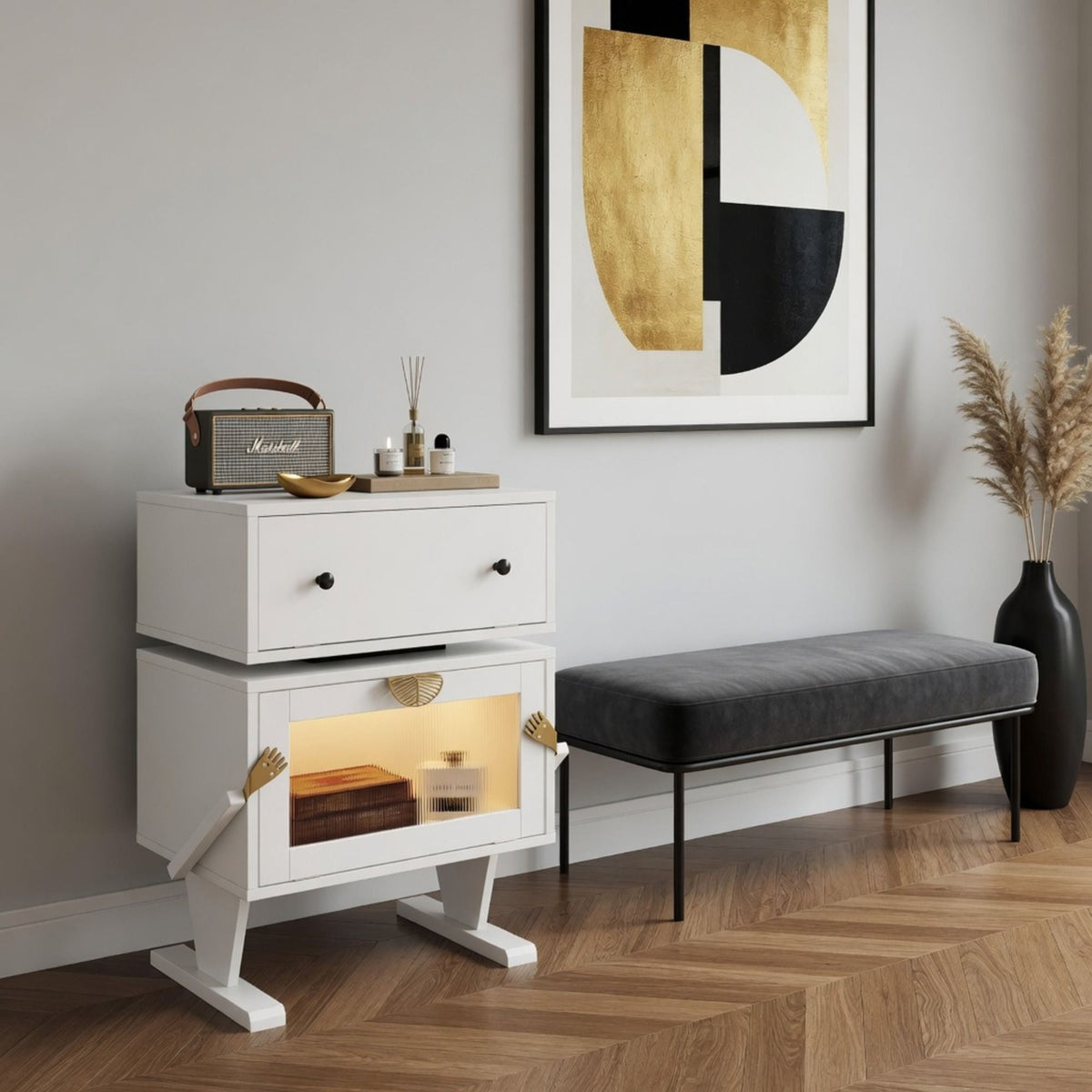 Robot LED Nightstand with 360° Rotating Drawer - White, Pink, or Green