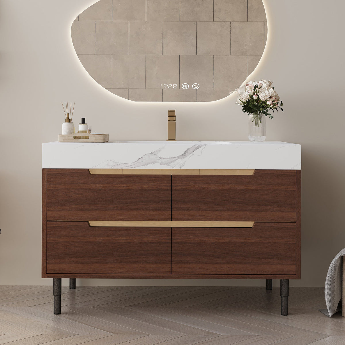 Farmhouse Sintered Stone Bathroom Vanity with Undermount Sink - Walnut, White