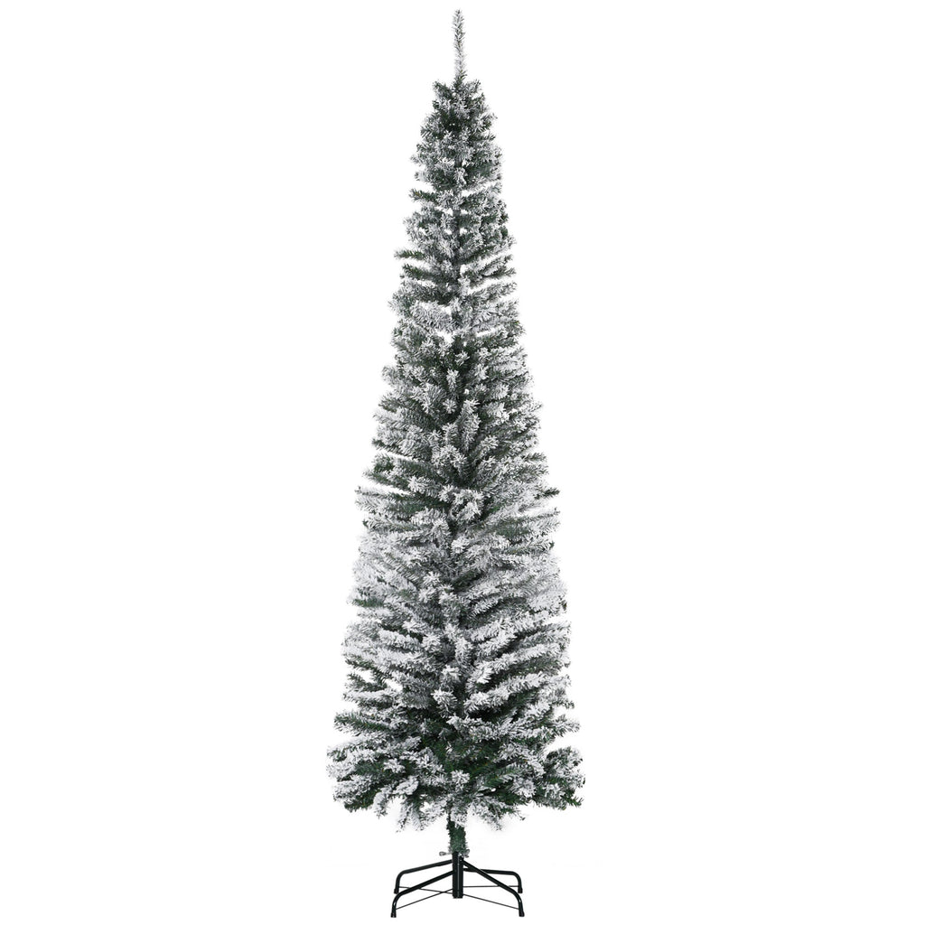 7.5' Tall Slim Artificial Christmas Tree with Snow-Flocked Branches - White