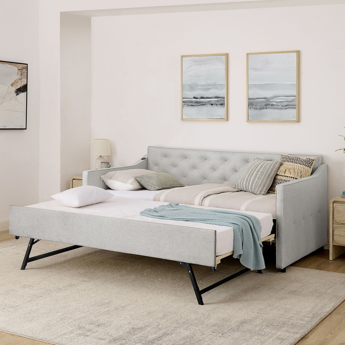 Twin Trundle Bed with Pop Up Trundle and USB Charging Armrest - Multiple Colors