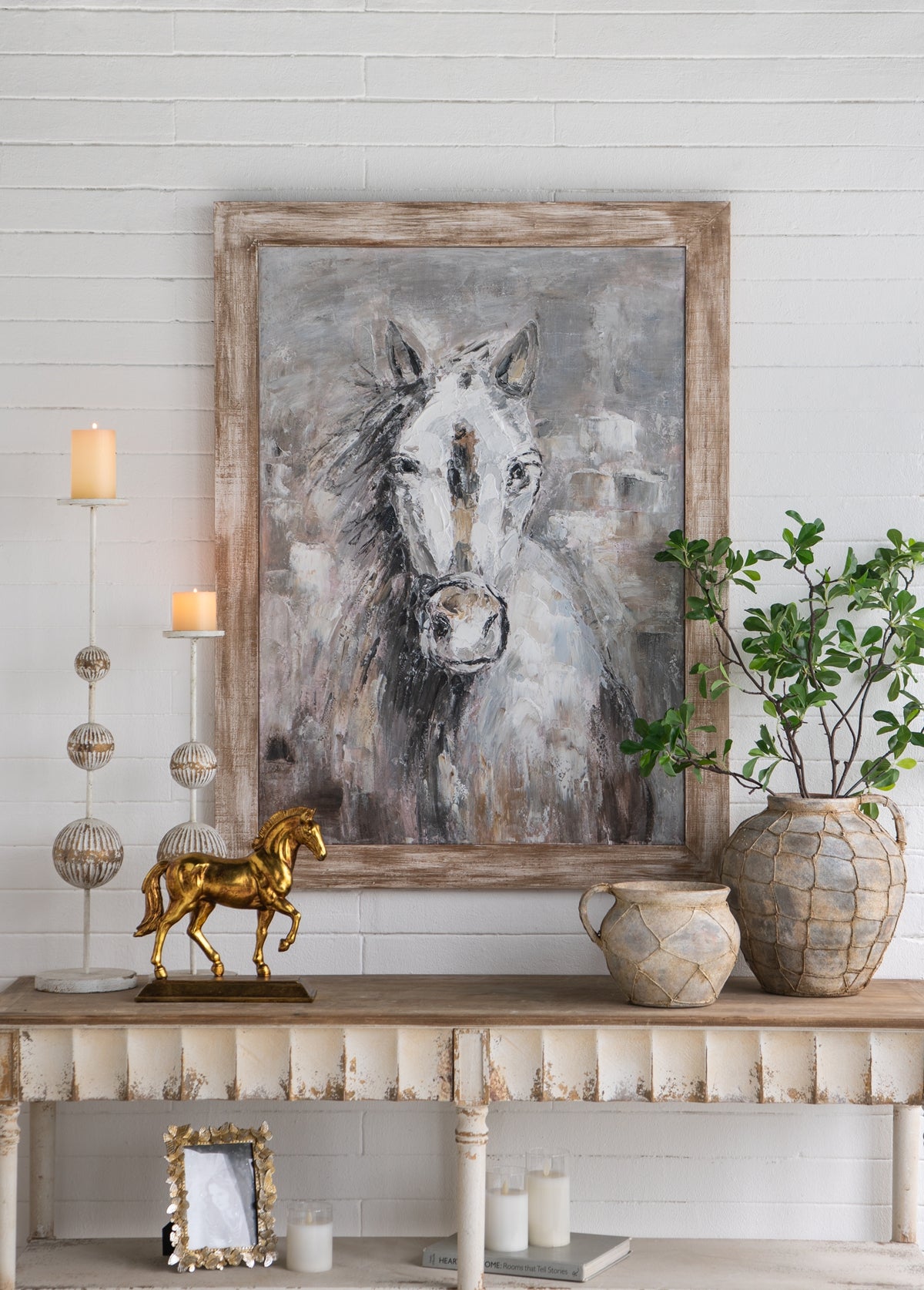 Hand-Painted White Horse Wall Art with Rustic Fir Frame - Multicolor