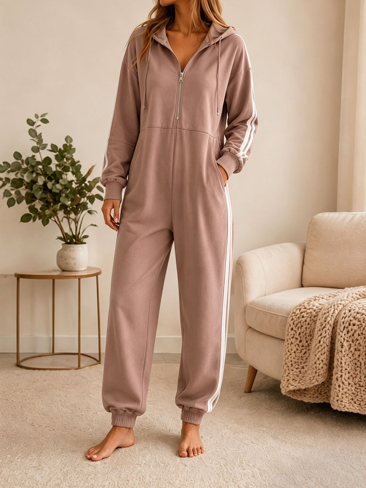 Women's Loose-fitting Hooded Zip-up Jumpsuit