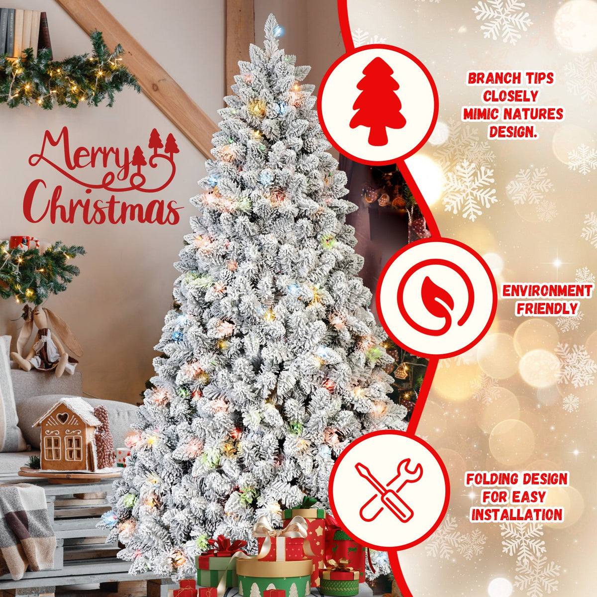 4Ft Flocked Christmas Tree with 150 Colorful UL Lights - White