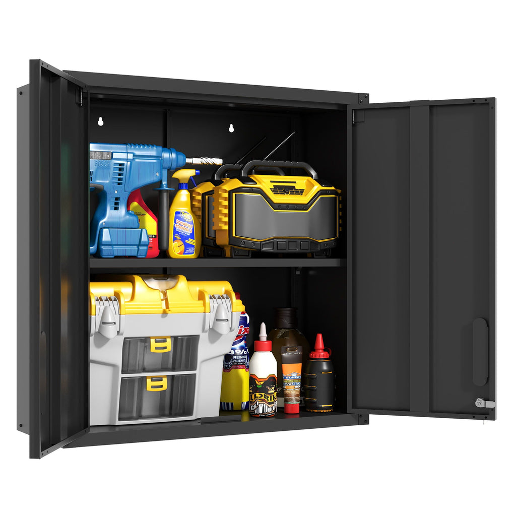 Metal Wall Mounted Tool Storage Cabinet with 2 Locking Doors and Adjustable Shelf - Gray or Black