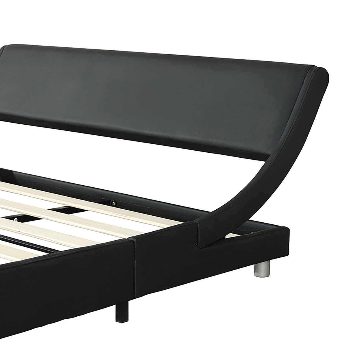 Queen Size Upholstered Platform Bed Frame With LED Lighting, Curve Design, Slat Support, No Box Spring Needed - Black