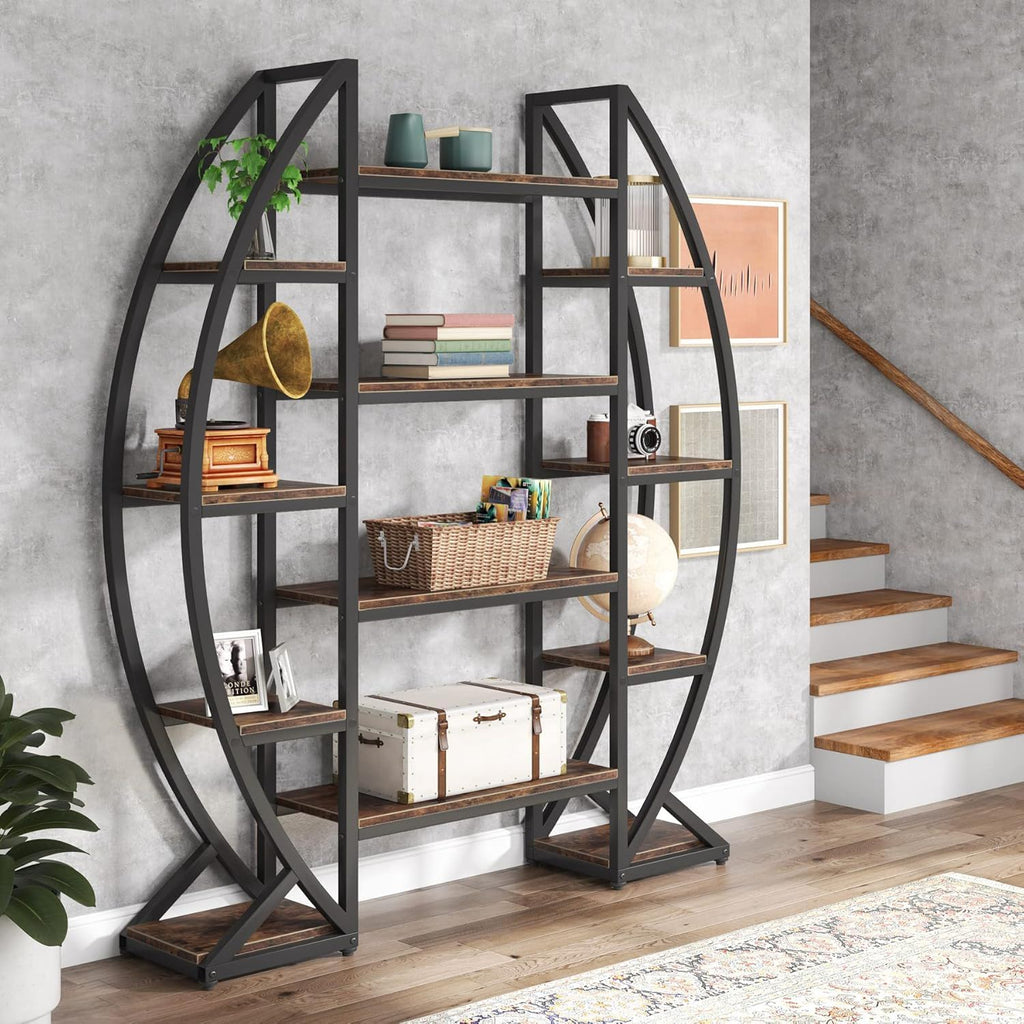 Triple Wide Oval Etagere Bookcase with Anti-Tip Device – Dark Brown