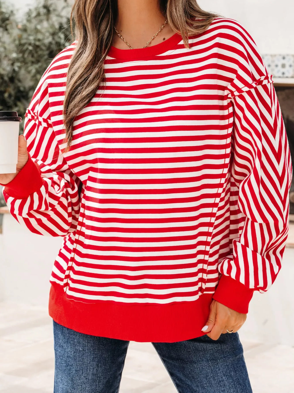 Stripe Exposed Seam Drop Shoulder Casual Top