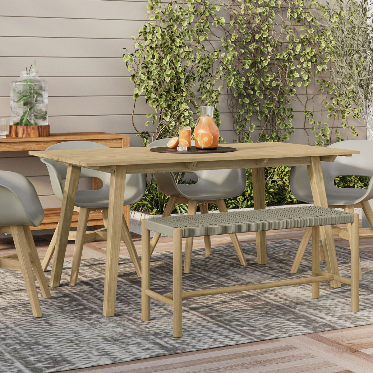 Contemporary Accent Bench with Solid Acacia Frame and Rope Seat - Gray or Dark Gray