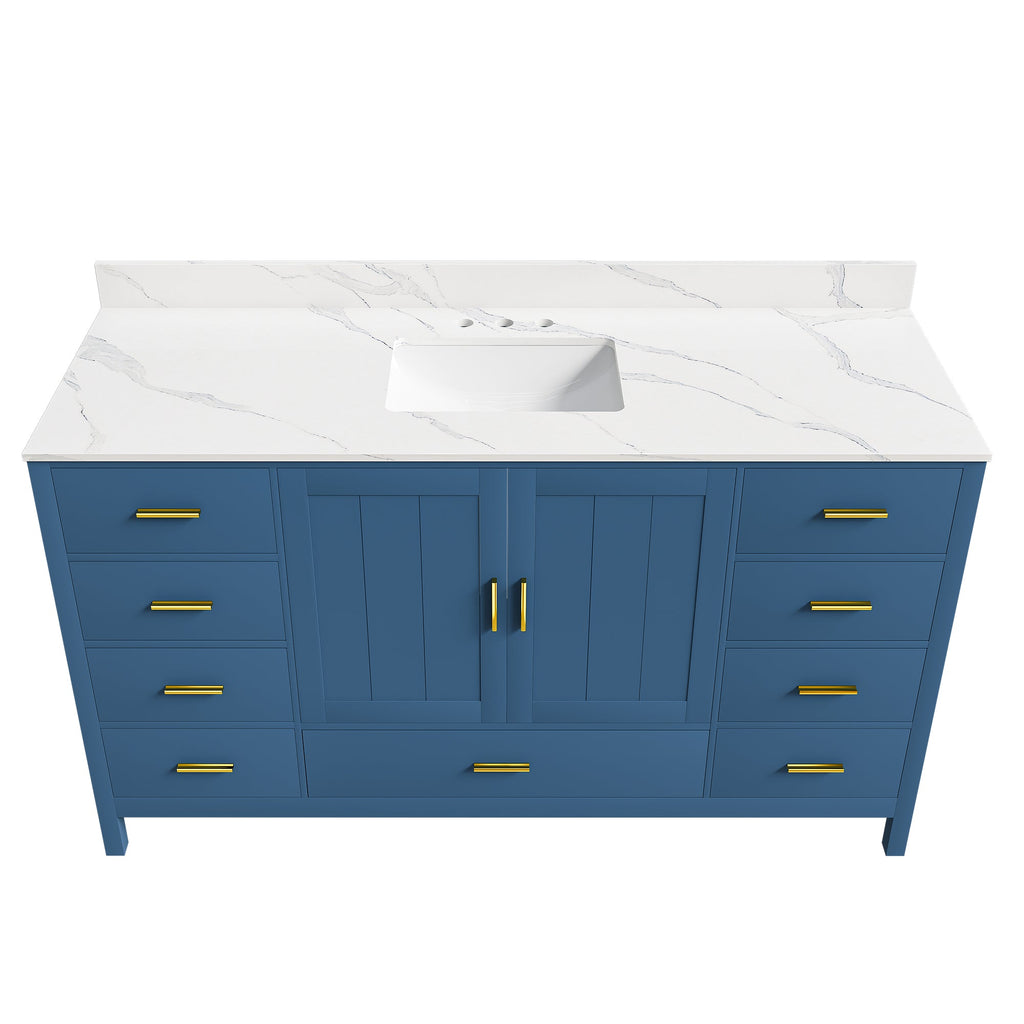 60" Solid Wood Bathroom Vanity with Carrara Sink - Blue or White