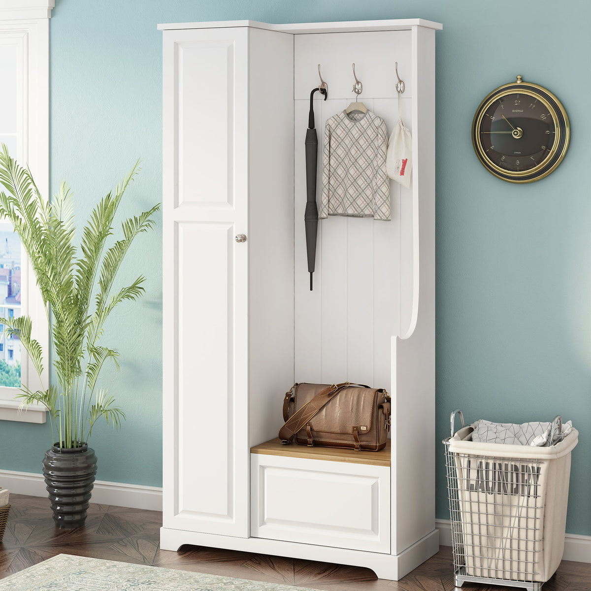 Stylish Design Hall Tree with Flip-Up Bench - Wood Grain Finish