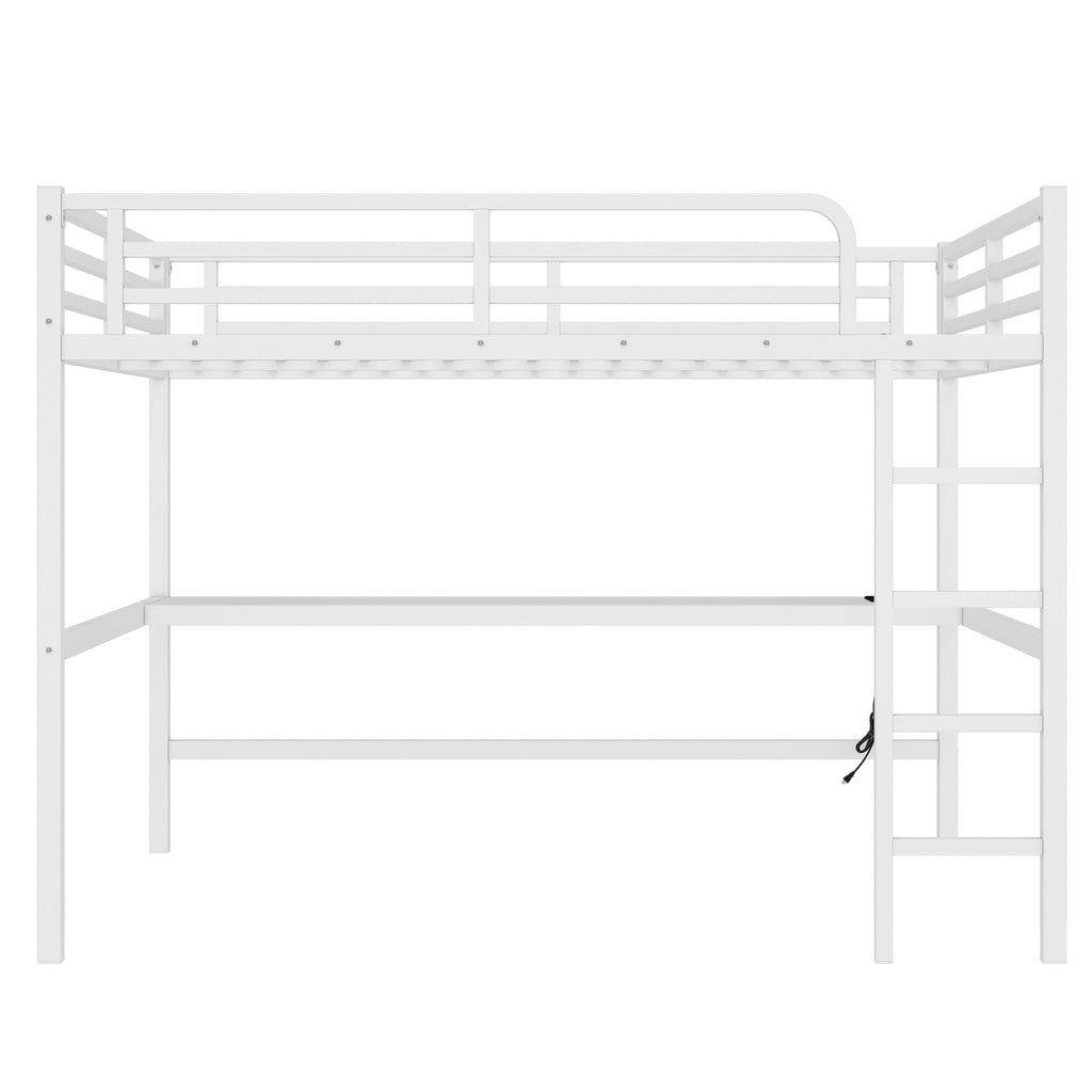 Metal Queen Size Loft Bed with Power Outlet and LED Lighted