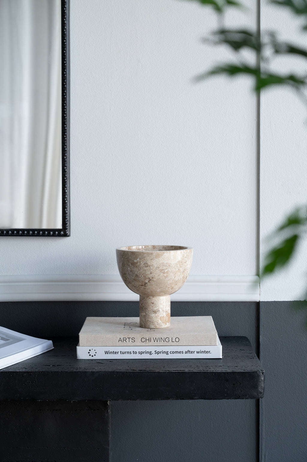 Round Marble Pedestal Bowl with Cylindrical Base - Cream