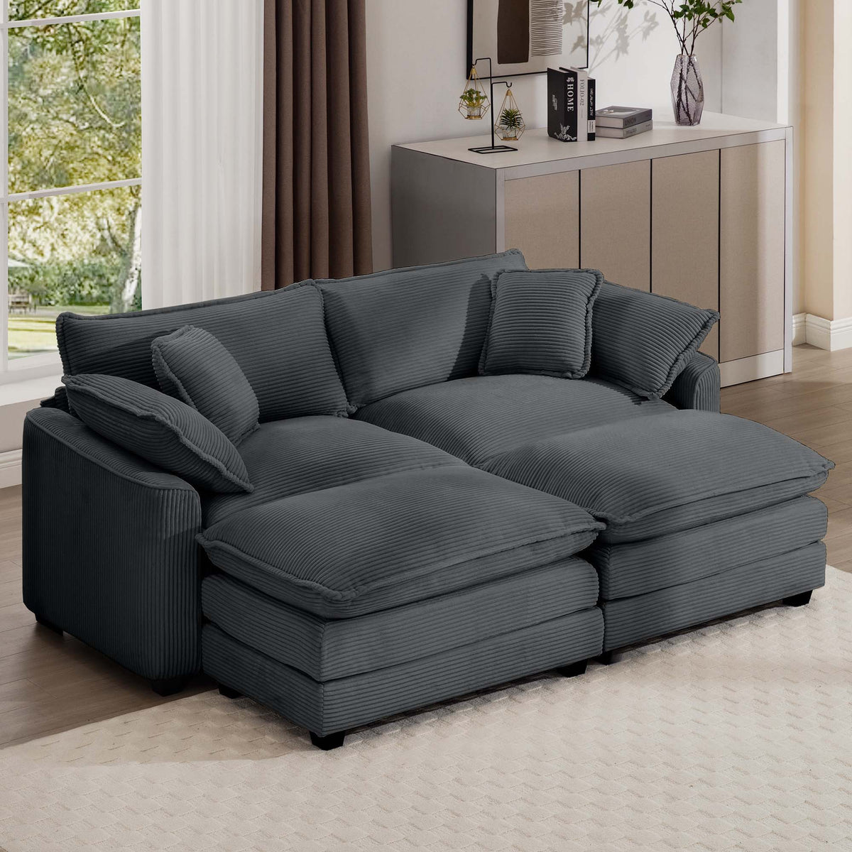 Modern Oversized Modular Cushion Sofa With Ottoman, Low Back, Deep Seating Sofa Set