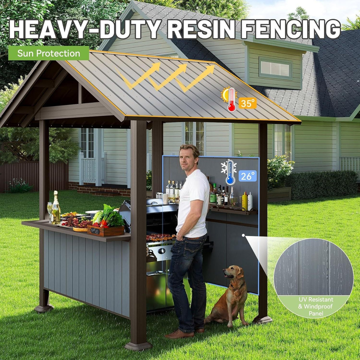 Hardtop Grill Gazebo with Storage Shelves & Resin Shade System - Brown