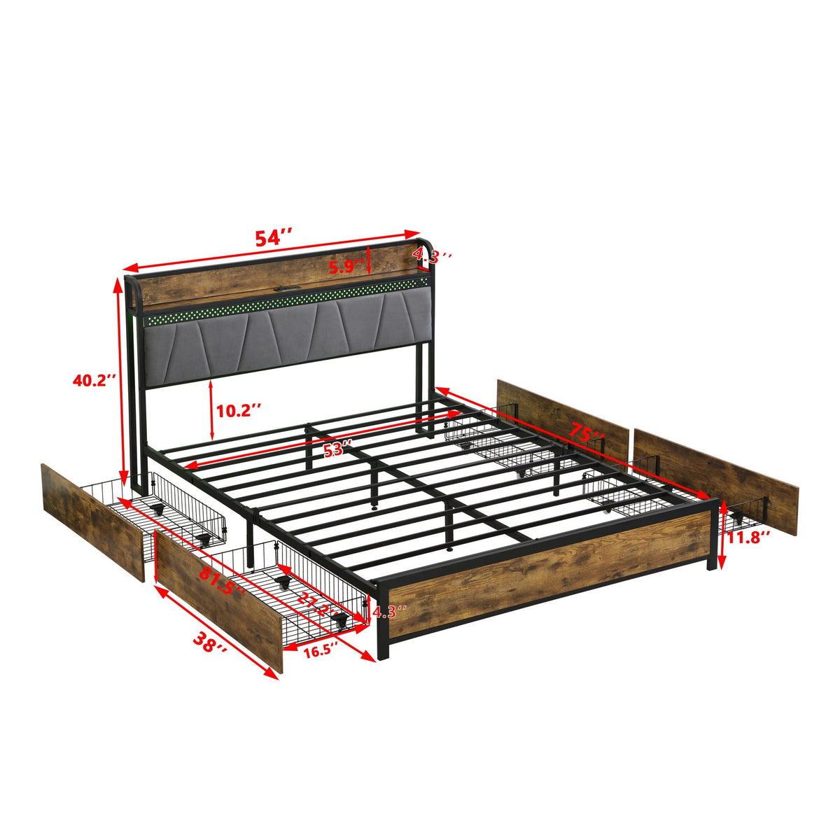 Modern Platform Bed Frame with LED Lights and USB Charging - Dark Brown or Light Brown