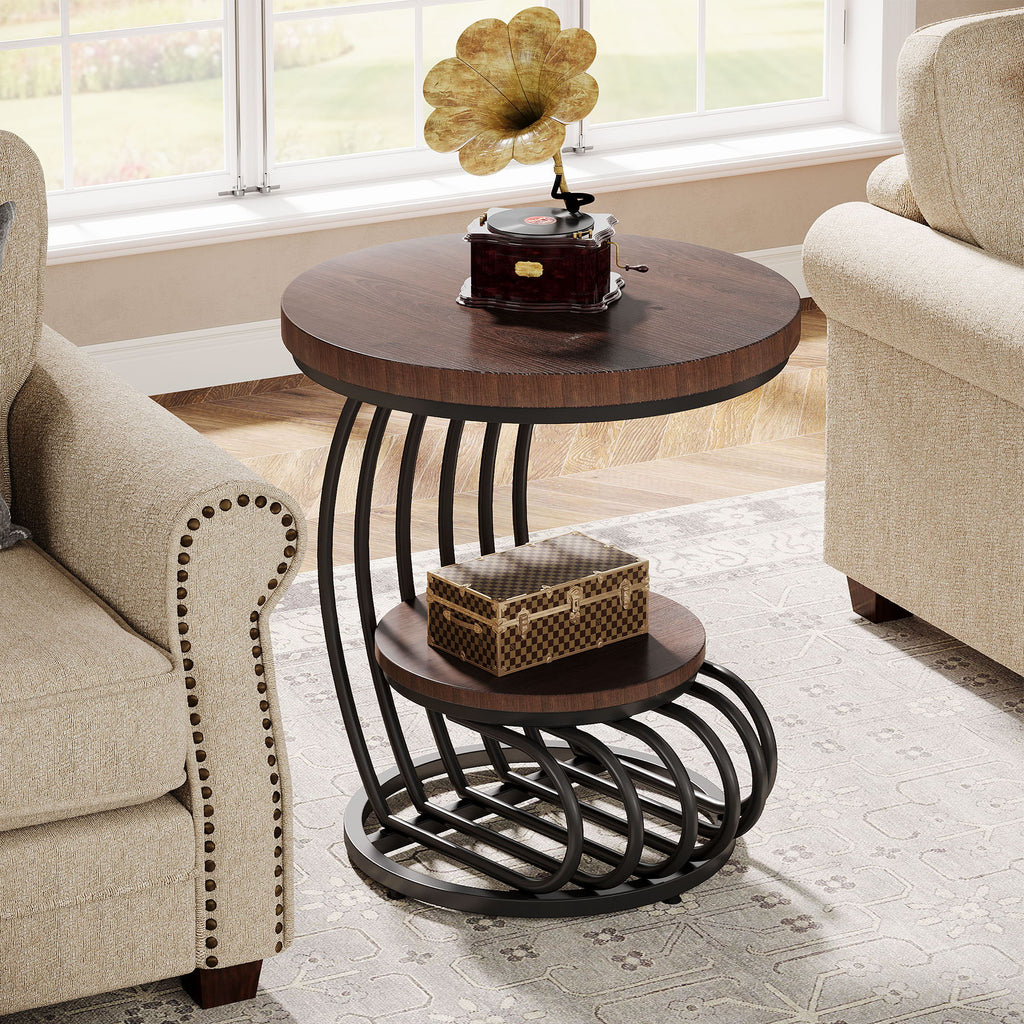 Round Vintage End Table with 2 Tier Storage - Dark Brown, Light Brown, White