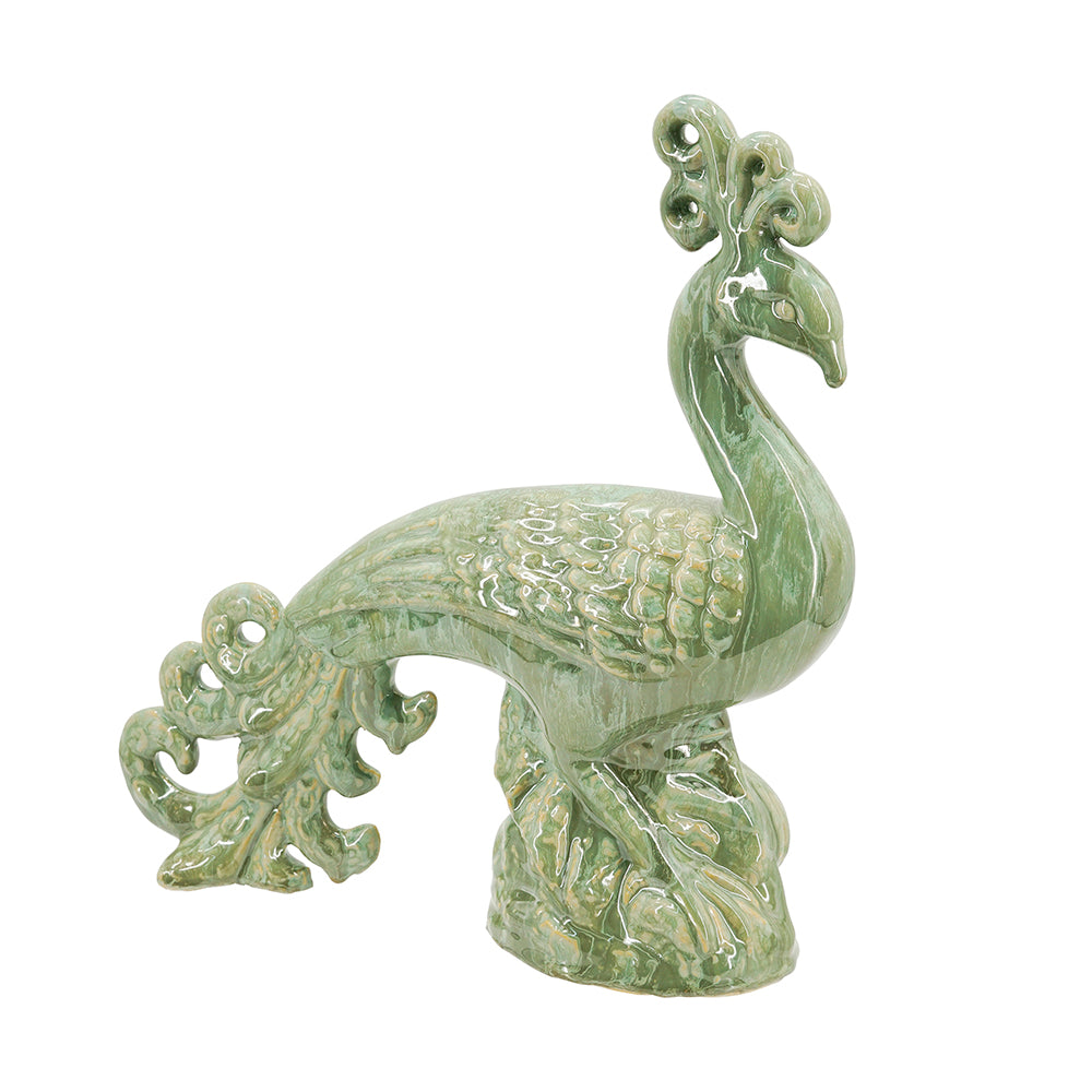Ceramic Peacock Sculpture with Lustrous Glaze - 14 Inch